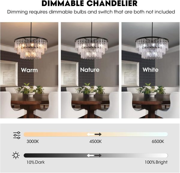 Siljoy Modern Mable Textured Glass Chandelier, 31.49" Large Round Chandelier for Dining Room, 12-Light Creative Pendant Light Fixtures, 3 Tiers Luxury Black Crystal Chandeliers for Kitchen Living Room - Image 3