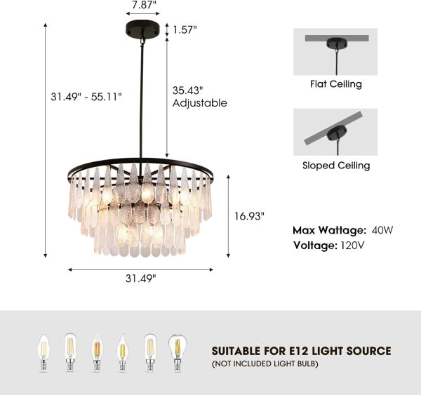 Siljoy Modern Mable Textured Glass Chandelier, 31.49" Large Round Chandelier for Dining Room, 12-Light Creative Pendant Light Fixtures, 3 Tiers Luxury Black Crystal Chandeliers for Kitchen Living Room - Image 4