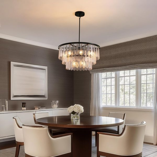 Siljoy Modern Mable Textured Glass Chandelier, 31.49" Large Round Chandelier for Dining Room, 12-Light Creative Pendant Light Fixtures, 3 Tiers Luxury Black Crystal Chandeliers for Kitchen Living Room - Image 7