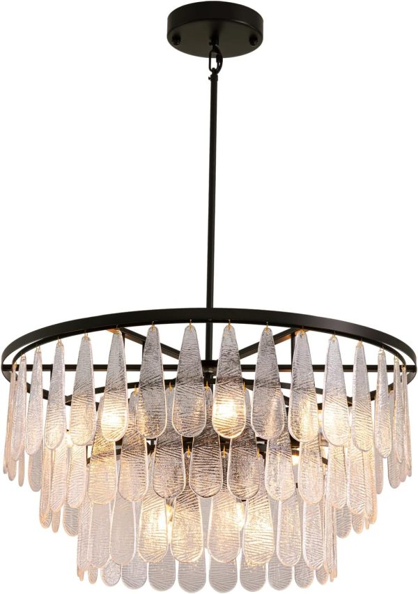 Siljoy Modern Mable Textured Glass Chandelier, 31.49" Large Round Chandelier for Dining Room, 12-Light Creative Pendant Light Fixtures, 3 Tiers Luxury Black Crystal Chandeliers for Kitchen Living Room - Image 9